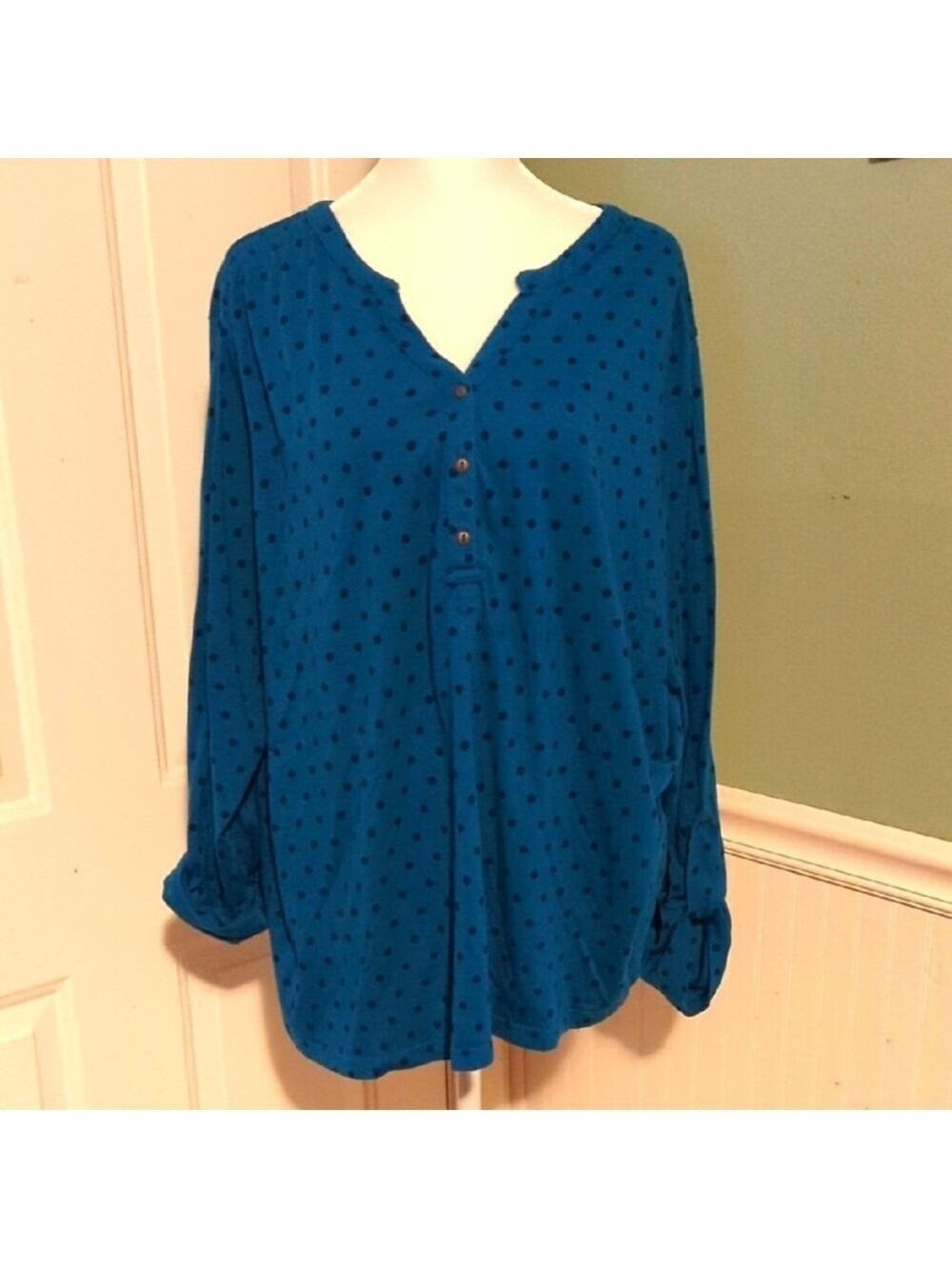 Basic Editions Women's Blue Polka Dot Long Sleeve Top 2X